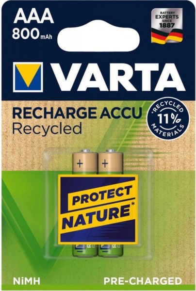 Varta Recharge Accu Recycled AAA 800 mAh, wiederaufladbarer 1,2 V micro NiMH Akku, 2er Blister, 11 %