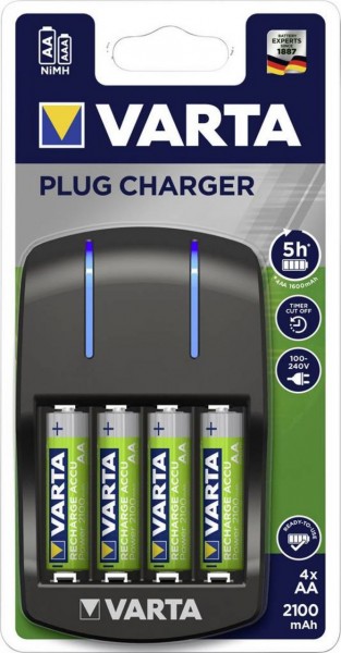 Varta Plug Charger inkl. 4x56706 AA 2100 mAh Akkus praktisches Ladegerät 57647