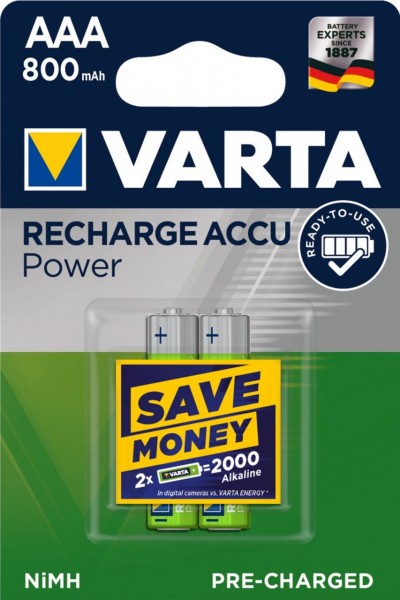 Varta Rechargeable Accu Ready2Use vorgeladener AAA Micro Ni-Mh Akku (2er Blister, 800mAh) 56703/BL2