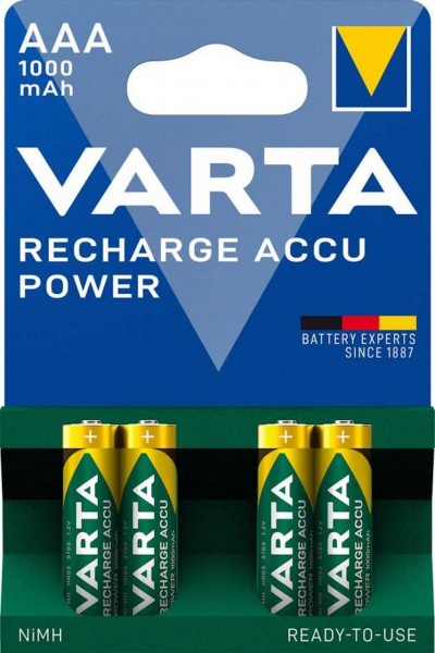 Varta Rechargeable Accu Power Ready2Use vorgeladener AAA Micro Ni-Mh Akku (4er Blister, 1000 mAh) 57