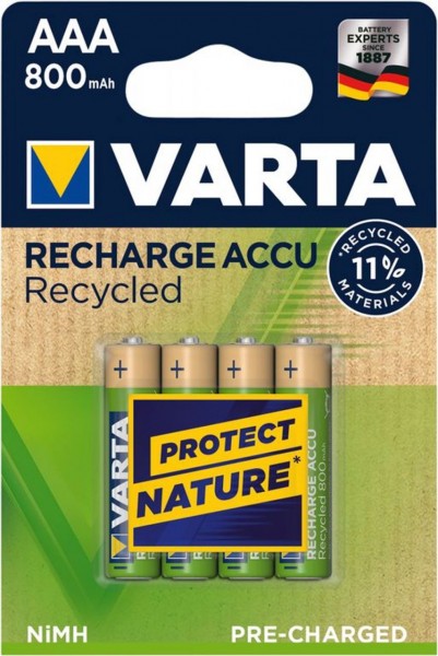 Varta Recharge Accu Recycled AAA 800 mAh, wiederaufladbarer 1,2 V micro NiMH Akku, 4er Blister, 11 %