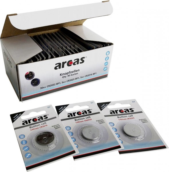 Arcas Knopfzellensortiment 40-teilig Lithium CR Mix Set Knopfzellen 3V (30x CR2032 / 5x CR2025 / 5x
